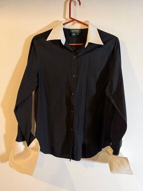 Lauren Ralph Lauren Black Shirt with White Collar and Cuffs.